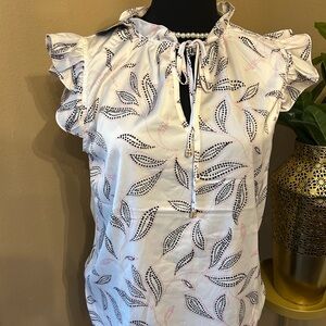 Fred David White Leaf-Print Ruffle Tie-Neck Blouse